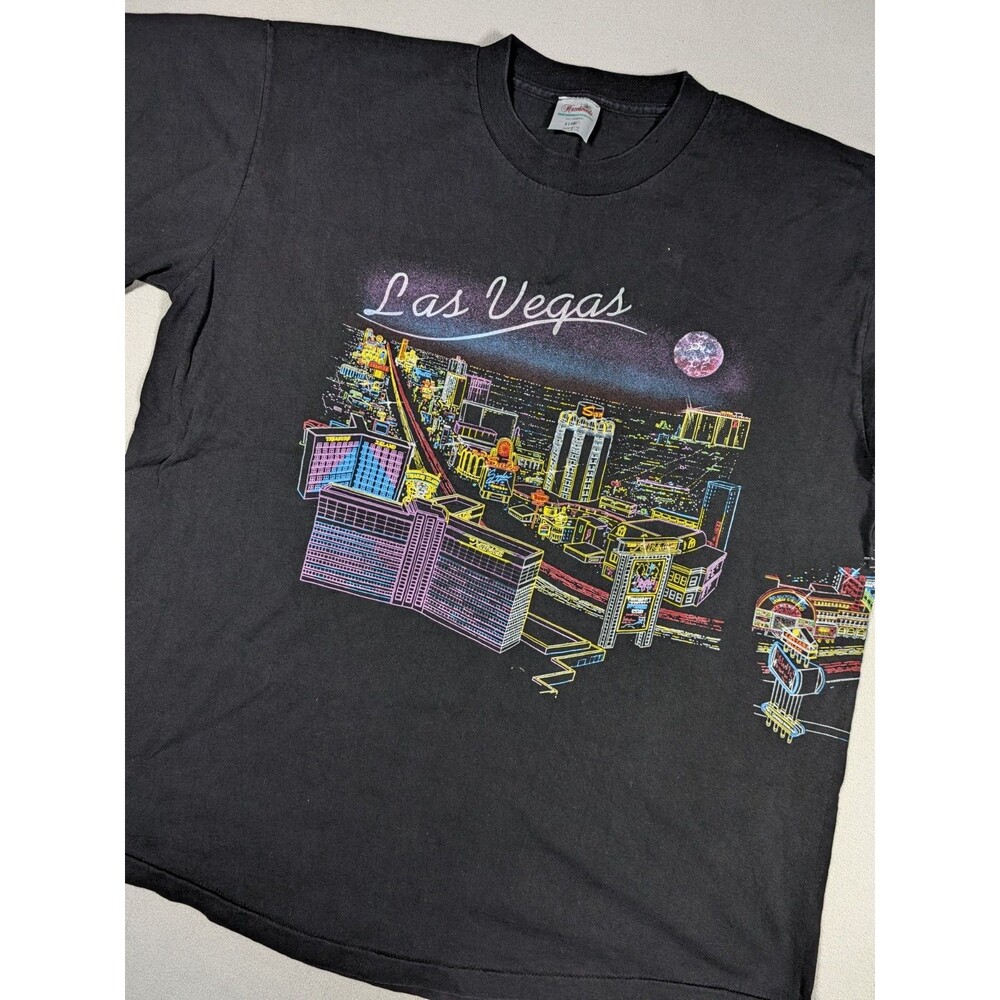 Vtg Las Vegas Strip Wrap Around Shirt Mens XL Black AOP Single Stitch Sin City